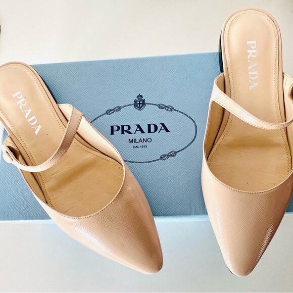 PRADA Nude Cream Beige Patent Leather Strap Pointed Toe Flats Slip On Slides 38 - Picture 2 of 16